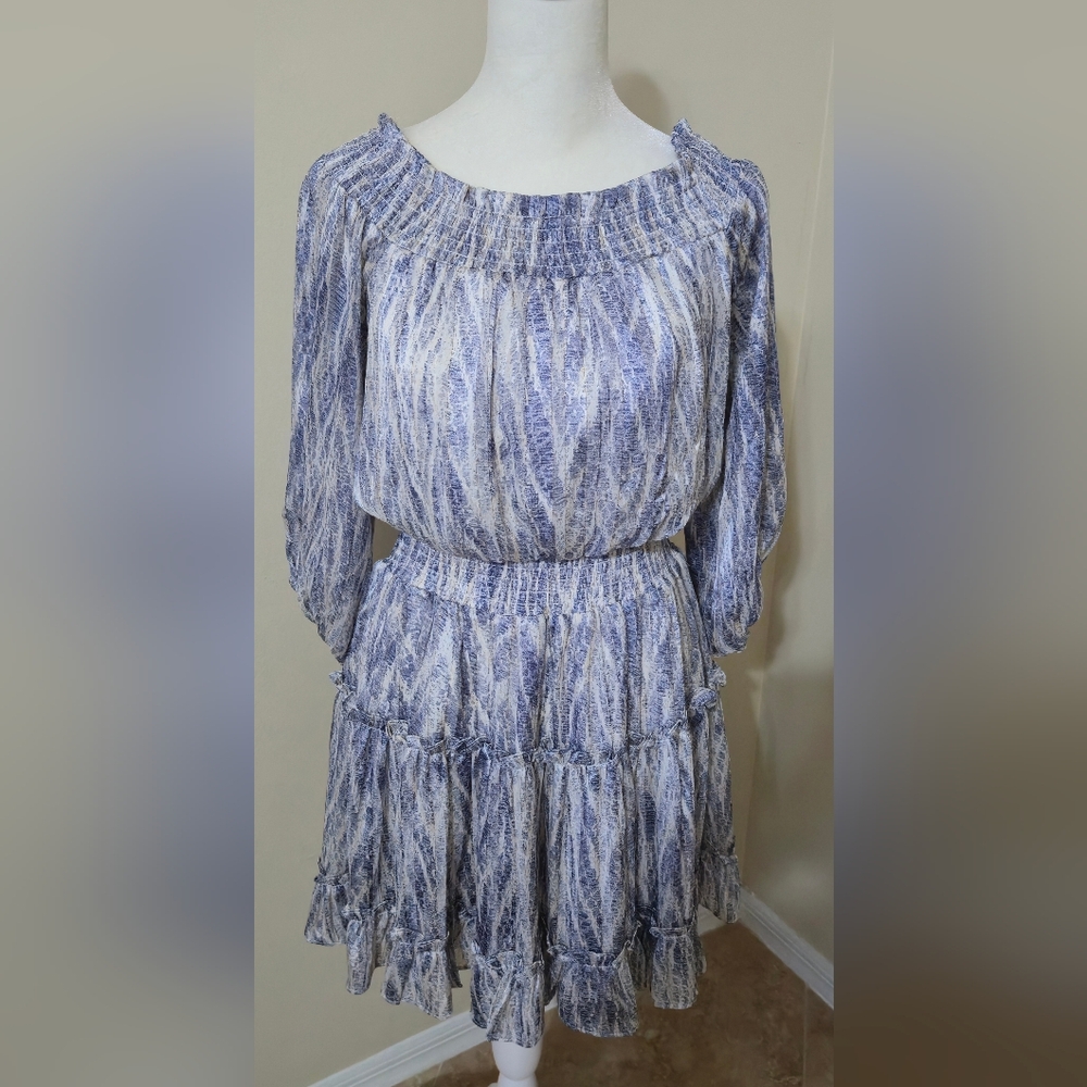Casual Blue and White Sundress with 3/4 Bishop Sleeves